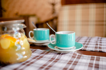  Set of Blue Coffee cups beverage, tea pot, drinks cappuccino. Horizontal several objects copyspace. destiny cookies