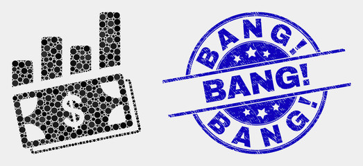 Dotted financial charts mosaic pictogram and Bang! seal stamp. Blue vector rounded grunge seal stamp with Bang! message. Vector combination in flat style.