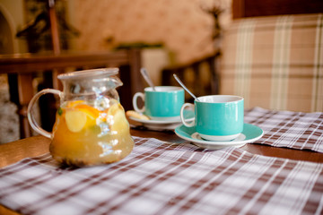  Set of Blue Coffee cups beverage, tea pot, drinks cappuccino. Horizontal several objects copyspace. destiny cookies