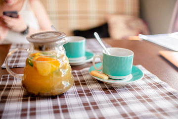  Set of Blue Coffee cups beverage, tea pot, drinks cappuccino. Horizontal several objects copyspace. destiny cookies