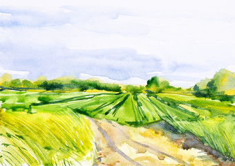 Plowed Russian field with forest in the background and grass in the foreground. Watercolor illustration of a rural location