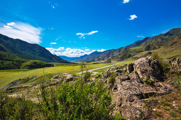 Fototapeta premium View of the mountains and the road. Gorny Altai, Russia