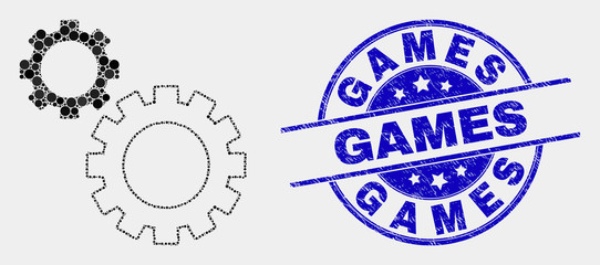 Pixel gears mosaic icon and Games stamp. Blue vector rounded scratched seal stamp with Games phrase. Vector composition in flat style. Black isolated gears mosaic of random dots, and Games imprint.