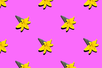 Pattern black ice cream cone with yellow lily flower on a pink neon background..
