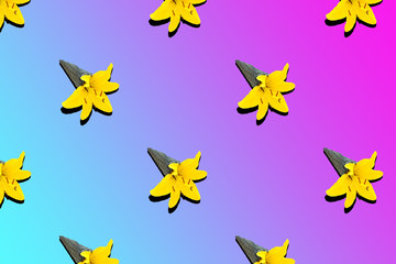 Pattern black ice cream cone with a yellow lily flower on a gradient pink-blue background..