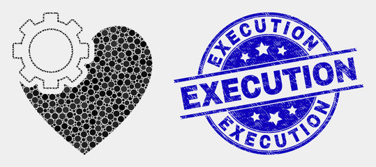 Pixel heart gear mosaic pictogram and Execution seal stamp. Blue vector round distress seal stamp with Execution phrase. Vector collage in flat style.
