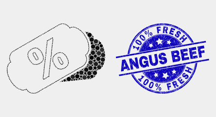 Dotted percent tags mosaic icon and 100% Fresh Angus Beef seal. Blue vector round scratched seal stamp with 100% Fresh Angus Beef title. Vector composition in flat style.