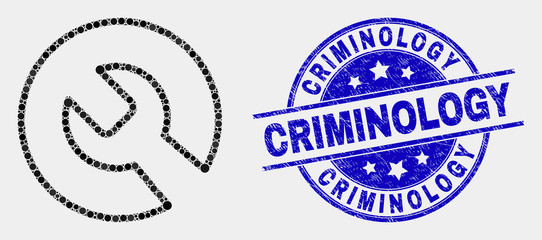 Pixel repair wrench mosaic icon and Criminology seal stamp. Blue vector rounded grunge seal stamp with Criminology text. Vector composition in flat style.