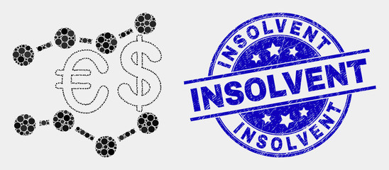 Dot financial trends mosaic pictogram and Insolvent seal stamp. Blue vector round textured stamp with Insolvent text. Vector composition in flat style.