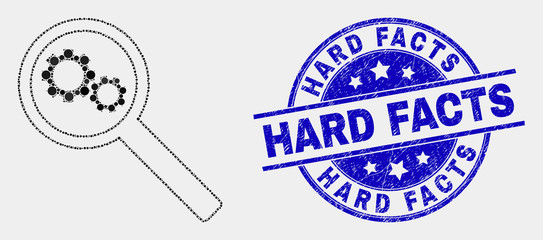 Pixelated gears audit mosaic pictogram and Hard Facts stamp. Blue vector round scratched seal with Hard Facts title. Vector composition in flat style.