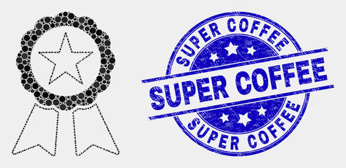 Dot star seal mosaic icon and Super Coffee seal stamp. Blue vector round grunge seal with Super Coffee caption. Vector collage in flat style. Black isolated star seal mosaic of randomized dots,