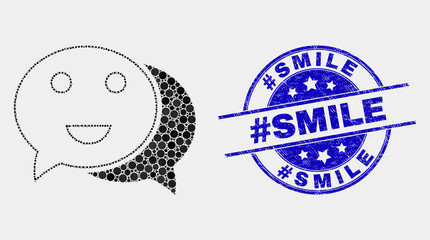 Dot happy chat mosaic icon and #Smile watermark. Blue vector rounded distress seal stamp with #Smile phrase. Vector combination in flat style. Black isolated happy chat mosaic of scattered circles,