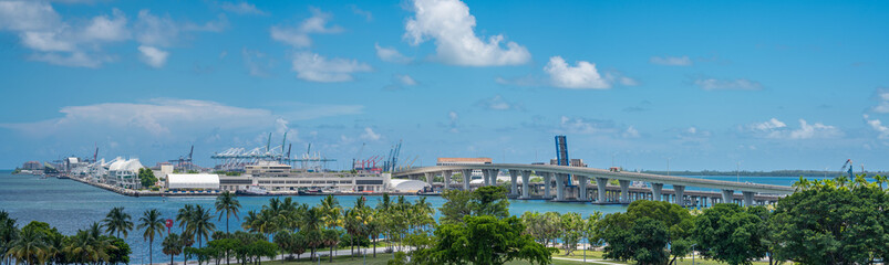Fototapeta premium Aerial panorama of Port Miami 2019 with beautiful blue sky. Shot from above Museum Park facing east