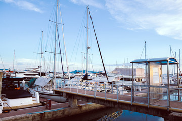 Fototapeta premium Luxury yachts docked in marina.