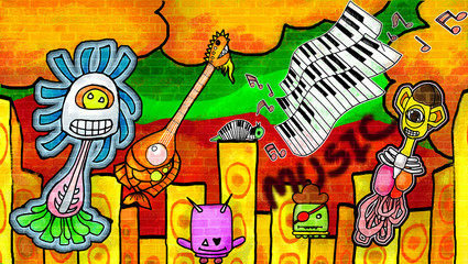 Lächelnde Monster genießen die Musik an der bunten Wand © nantana