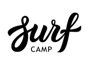Vector black hand drawn surf camp logo lettering isolated on white background