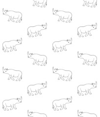 Vector seamless pattern of black line hand drawn sketch rhinoceros rhino isolated on white background