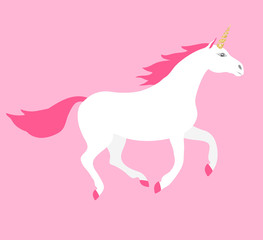 Vector flat cartoon white unicorn isolated on pink background