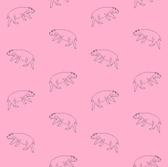 Vector seamless pattern of black line hand drawn sketch hippopotamus hippo isolated on pink background