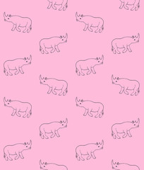 Vector seamless pattern of outline hand drawn sketch rhinoceros rhino isolated on pink background