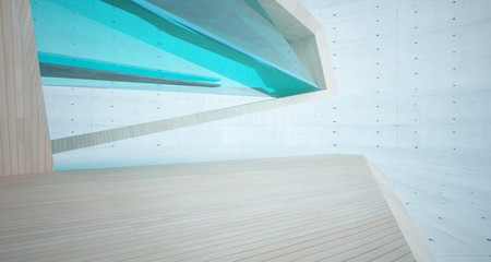 Abstract architectural wood and glass interior of a minimalist house. 3D illustration and rendering.