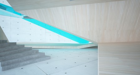 Abstract architectural wood and glass interior of a minimalist house. 3D illustration and rendering.