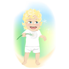 Happy little child playing with a dandelion clock making a wish as the delicate seeds float on the wind in a colorful cartoon vector illustration
