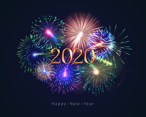 Happy new year 2020 congratulation with fireworks series. Celebratory template with realistic dazzling display of fireworks on dark background vector illustration. Winter holiday festival show