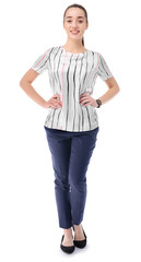 Beautiful young businesswoman on white background