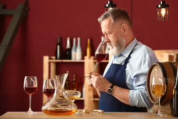 Mature sommelier working in wine cellar