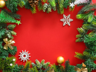 Frame made of beautiful Christmas decor on color background