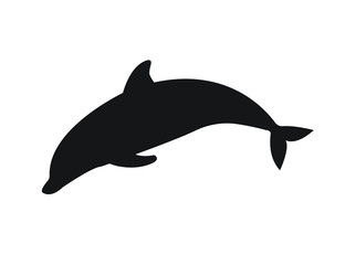 Vector flat black silhouette of jumping dolphin isolated on white background