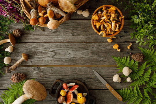 Mushrooms on old wooden background. Card on autumn or summertime. Forest harvest. Boletus, chanterelles, leaves, berries. Flat lay.