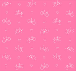 Vector seamless pattern of white line bicycle and heart isolated on pink background