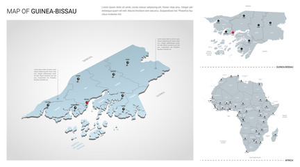 Vector set of Guinea-Bissau country.  Isometric 3d map, Guinea-Bissau map, Africa map - with region, state names and city names.
