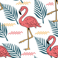 Summer seamless pattern with pink flamingo