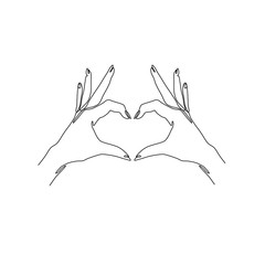 Two hands making heart sign continuous line drawing, social help service, love and volunteering, hands showing heart gesture, single line on a white background, Vector line art illustration with heart