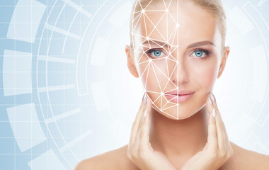Portrait of attractive woman with a scanning grid on her face. Face id, security, facial recognition, future technology. - obrazy, fototapety, plakaty