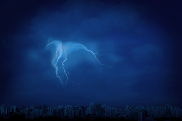 Sao Paulo city on a rainy day, lightening falling on a big city. Rain and thunderstorm, weather...