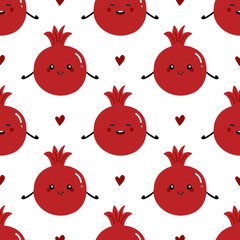 Cute vector seamless pattern background with smiling pomegranate characters and hearts.