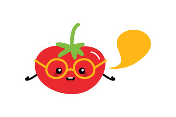 Cute smart red tomato character in glasses with speech bubble, talking, giving advice or information. 