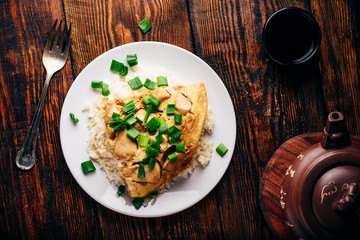 White rice with scrambled eggs with chicken and green onion