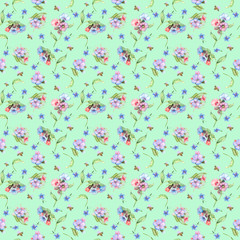 pattern created on the basis of watercolor drawings of spring flowers with bees