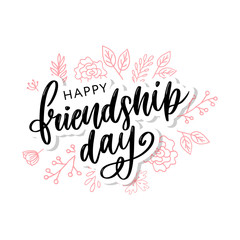 Vector illustration of hand drawn happy friendship day felicitation in fashion style with lettering text sign and color triangle for grunge effect isolated on white background