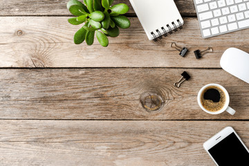 Business accessories on wooden background. Office desktop