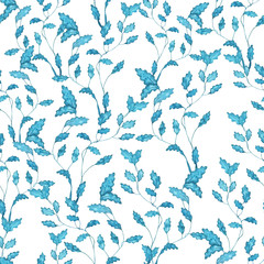 Seamless watercolor pattern of blue algae on a white background.