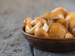 Clay bowl filled with mushrooms on the village table.