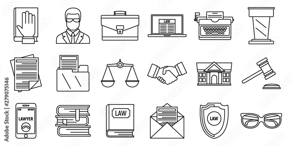 Sticker lawyer justice icons set. outline set of lawyer justice vector icons for web design isolated on whit