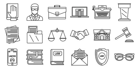 Lawyer justice icons set. Outline set of lawyer justice vector icons for web design isolated on white background