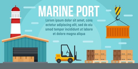 Marine port warehouse concept banner. Flat illustration of marine port warehouse vector concept banner for web design